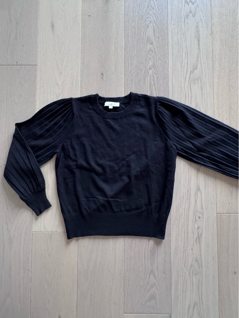 LOFT Black Crewneck Sweater with Pleated Puff Sleeves Size Large NWOT